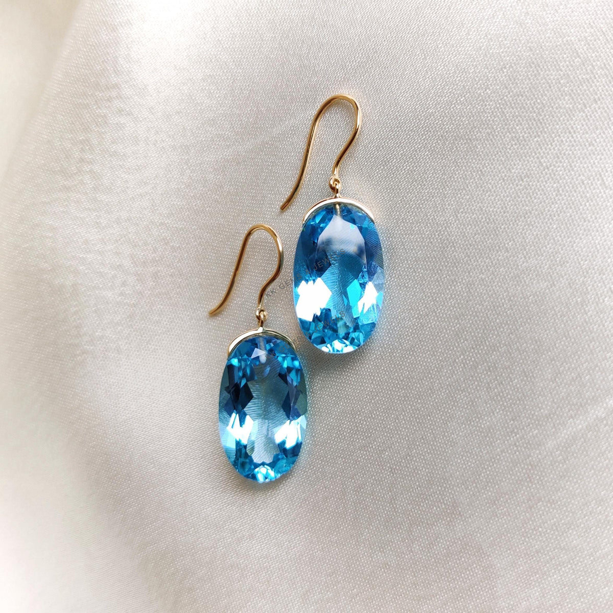 14K Solid Yellow Gold Natural Swiss Blue Topaz Earrings, Oval December Birthstone