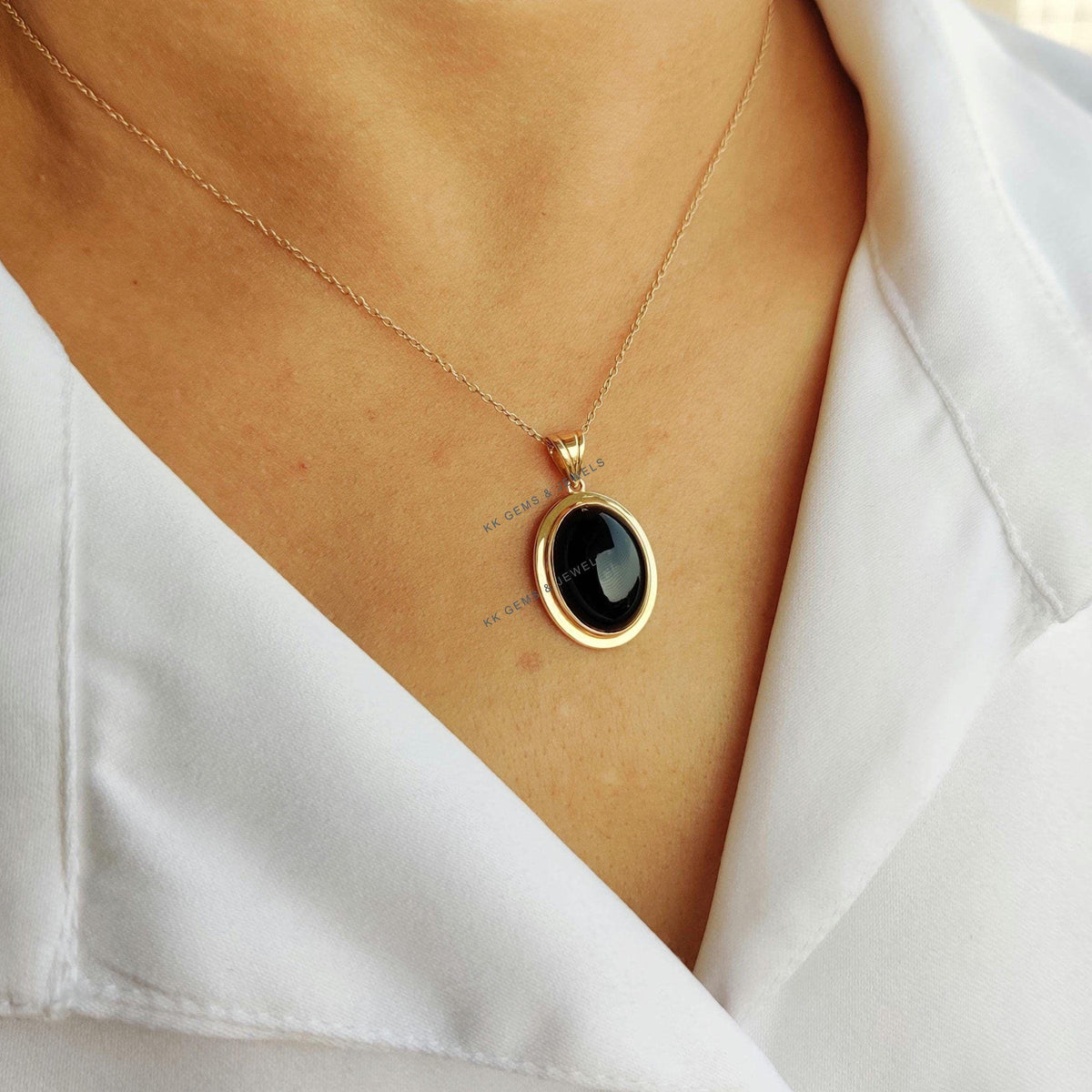 14K Solid Yellow Gold Natural Black Onyx Pendant - December Birthstone