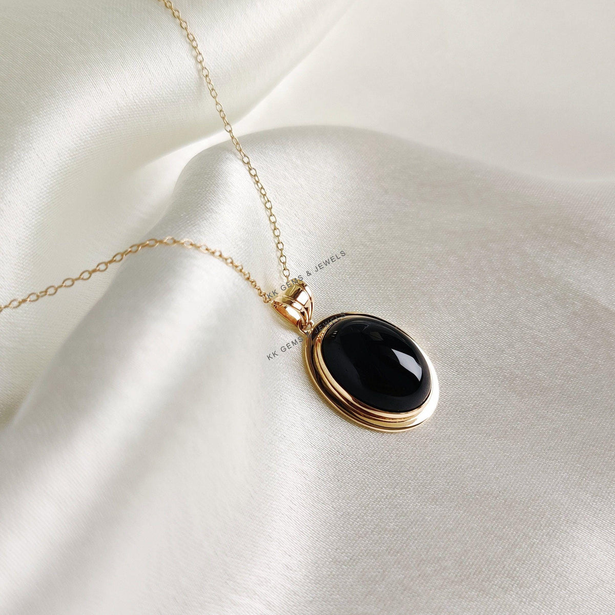 14K Solid Yellow Gold Natural Black Onyx Pendant - December Birthstone
