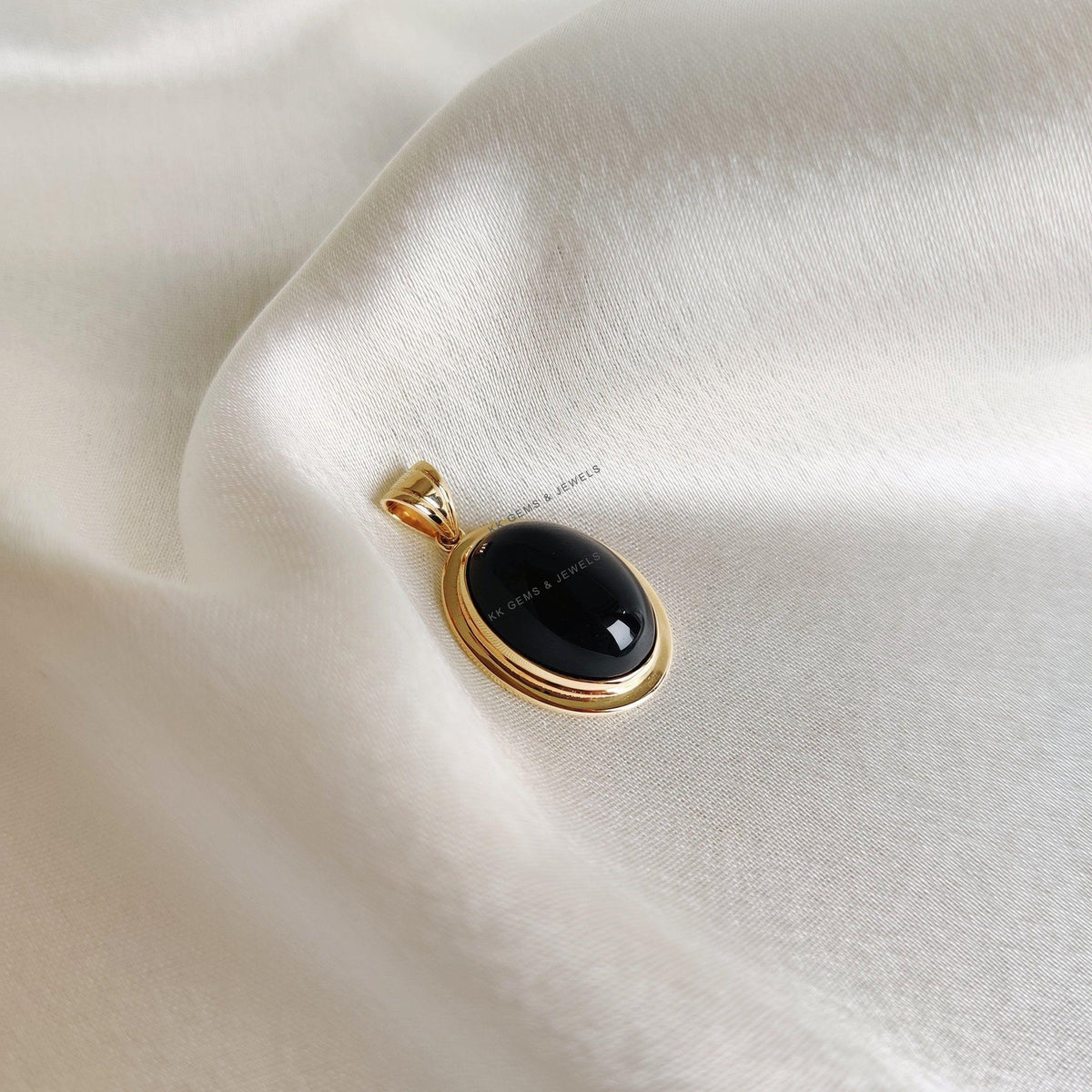 14K Solid Yellow Gold Natural Black Onyx Pendant - December Birthstone