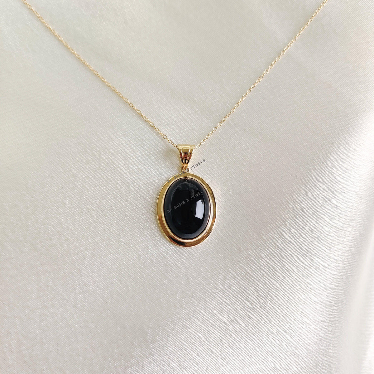 14K Solid Yellow Gold Natural Black Onyx Pendant - December Birthstone