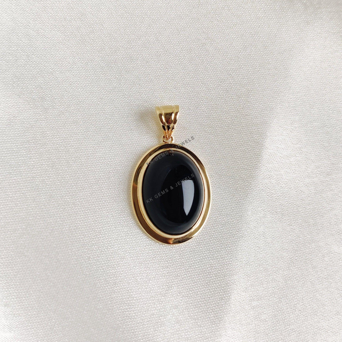 14K Solid Yellow Gold Natural Black Onyx Pendant - December Birthstone