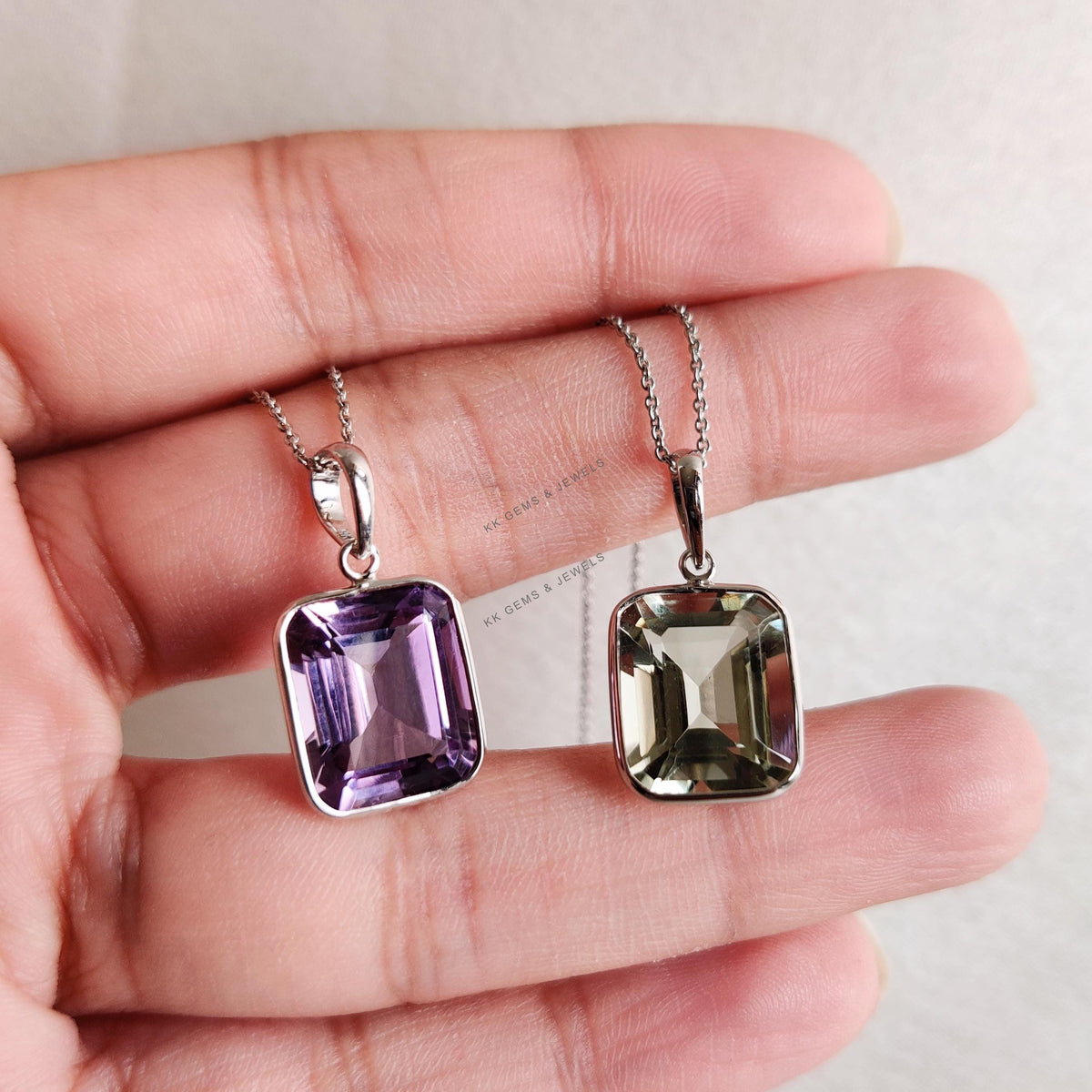 Natural Purple & Green Amethyst Pendant, 14K Solid White Gold, February Birthstone