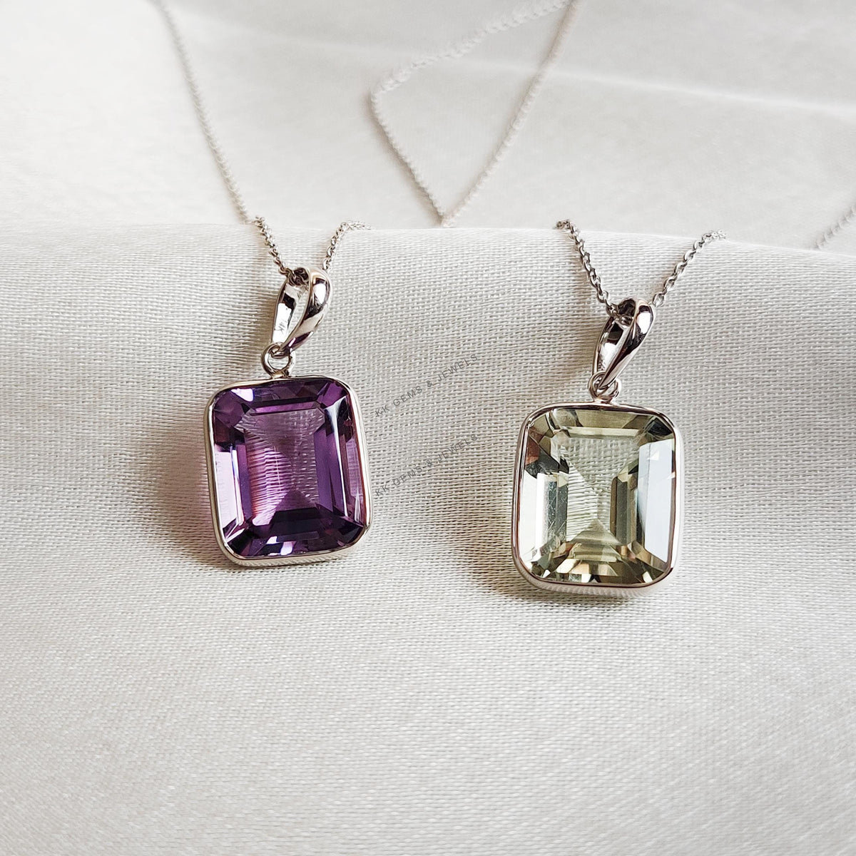 Natural Purple & Green Amethyst Pendant, 14K Solid White Gold, February Birthstone
