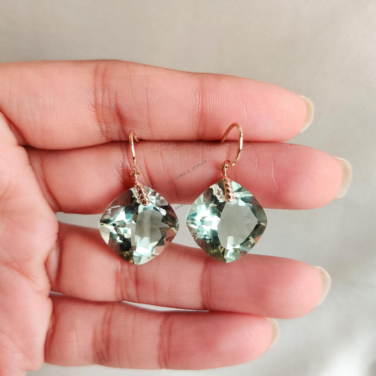 Natural Green Amethyst Drill Earrings, 14K Solid Yellow Gold, February Birthstone