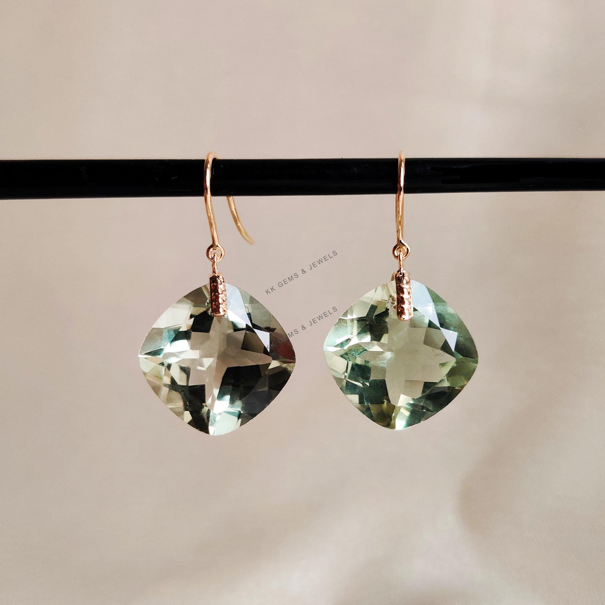 Natural Green Amethyst Drill Earrings, 14K Solid Yellow Gold, February Birthstone
