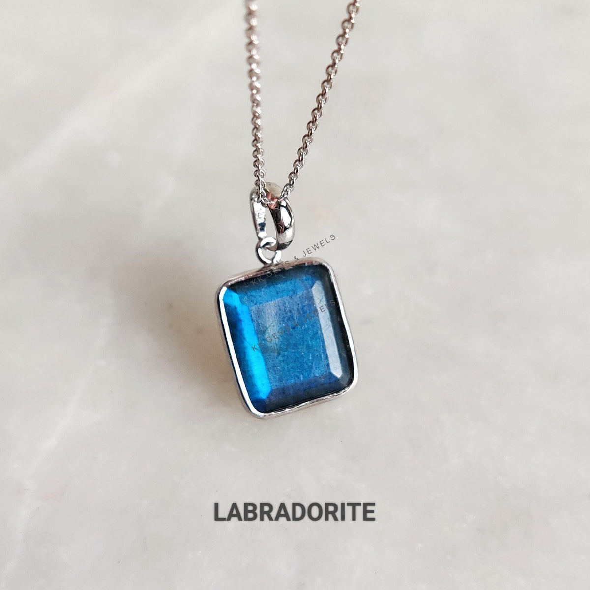 14K Solid White Gold Natural Rainbow Moonstone & Labradorite Peach Moonstone Bezel Pendant