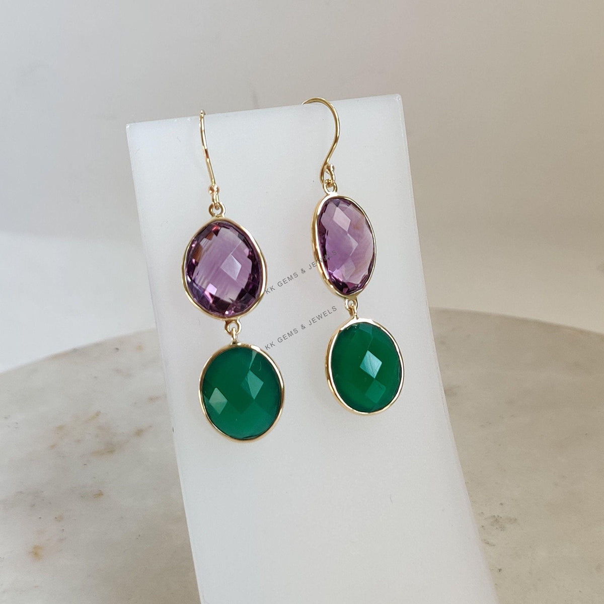 Natural Purple Amethyst & Green Onyx 14K Solid Yellow Gold Earrings: February Birthstone