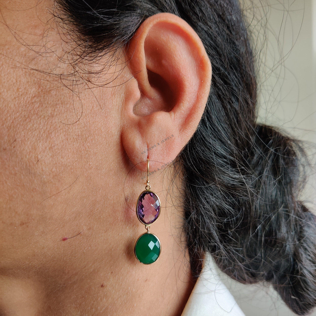Natural Purple Amethyst & Green Onyx 14K Solid Yellow Gold Earrings: February Birthstone