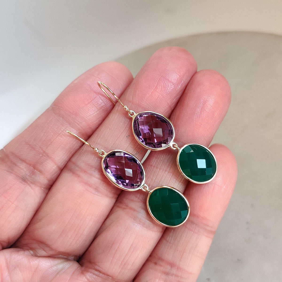 Natural Purple Amethyst & Green Onyx 14K Solid Yellow Gold Earrings: February Birthstone