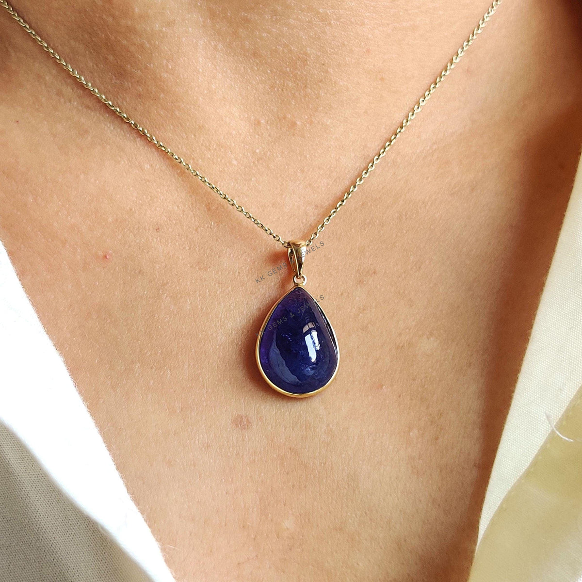 14K Solid Gold Natural Tanzanite Pendant: Pear Cabochon Bezel, December Birthstone