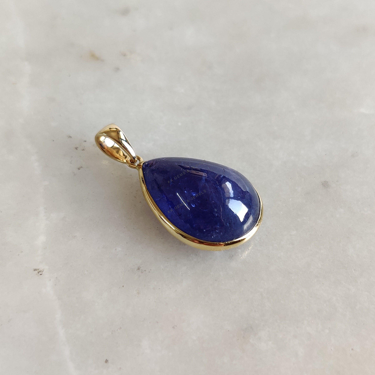 14K Solid Gold Natural Tanzanite Pendant: Pear Cabochon Bezel, December Birthstone