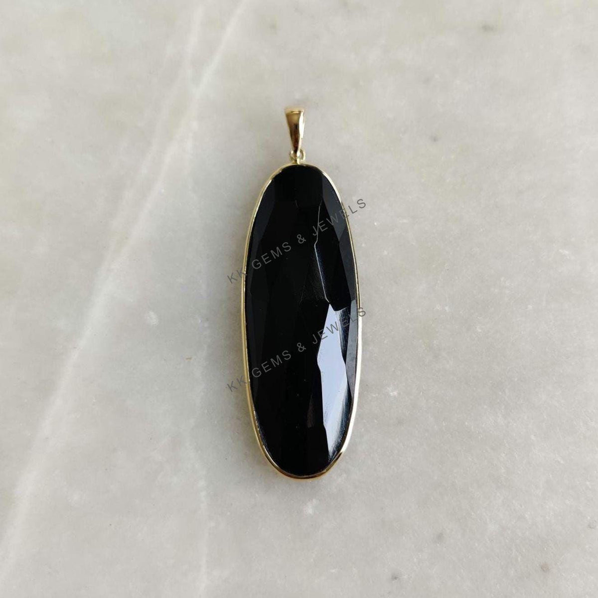 Natural Black Onyx Oblong Pendant, 14K Solid Yellow Gold Pendant, December Birthstone, Christmas Present