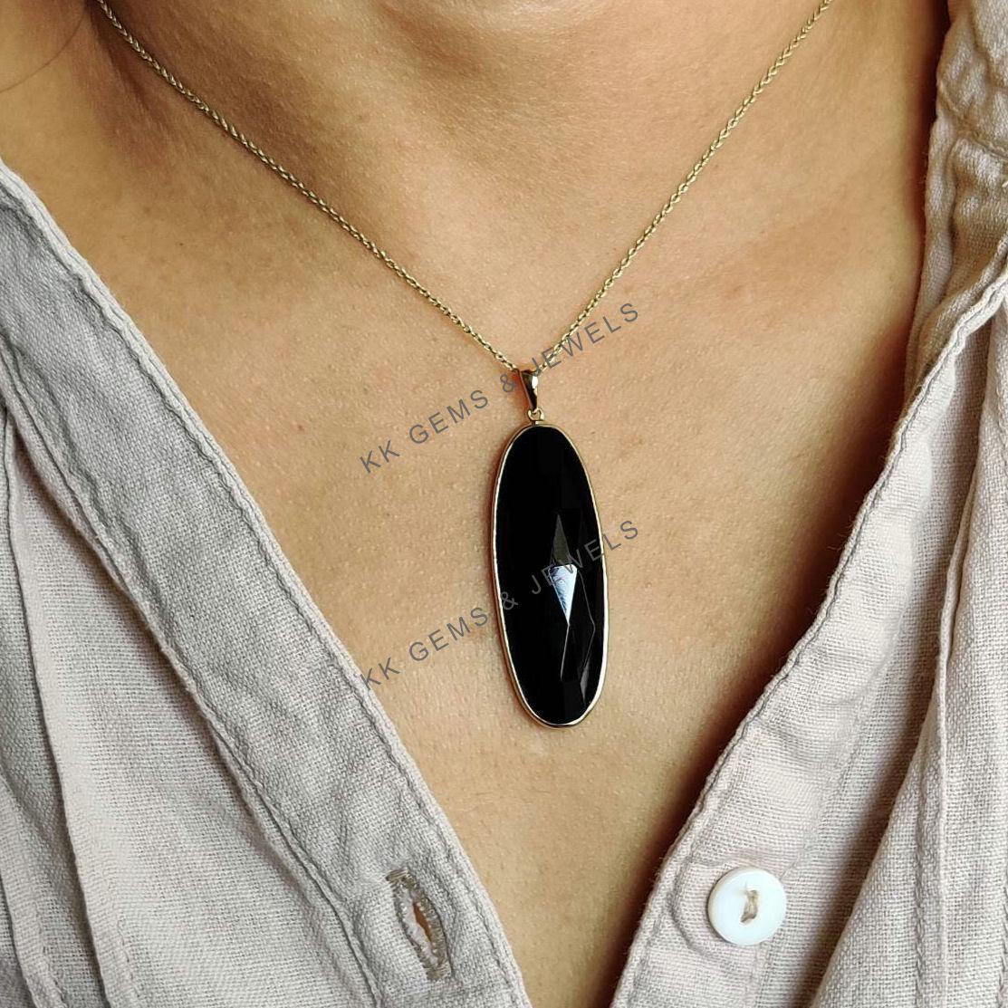 Natural Black Onyx Oblong Pendant, 14K Solid Yellow Gold Pendant, December Birthstone, Christmas Present