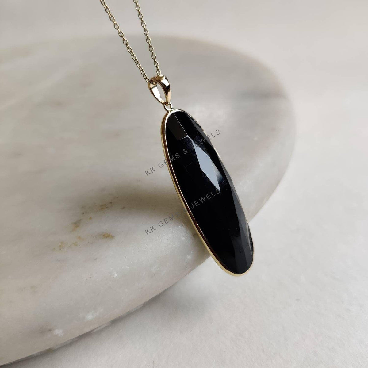 Natural Black Onyx Oblong Pendant, 14K Solid Yellow Gold Pendant, December Birthstone, Christmas Present