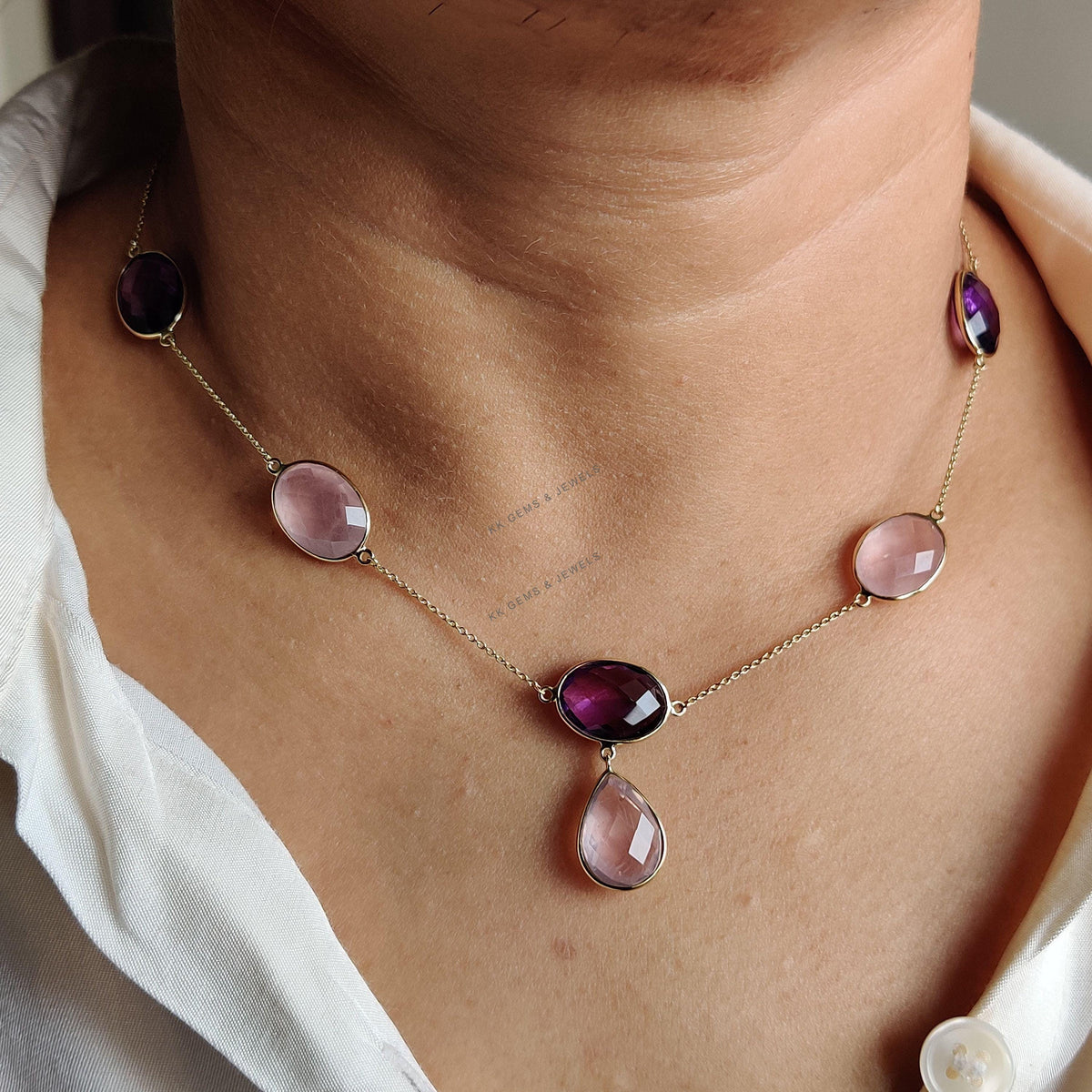 Natural Purple Amethyst & Rose Quartz 14K Solid Gold Necklace: Gemstone Bezel Pendant