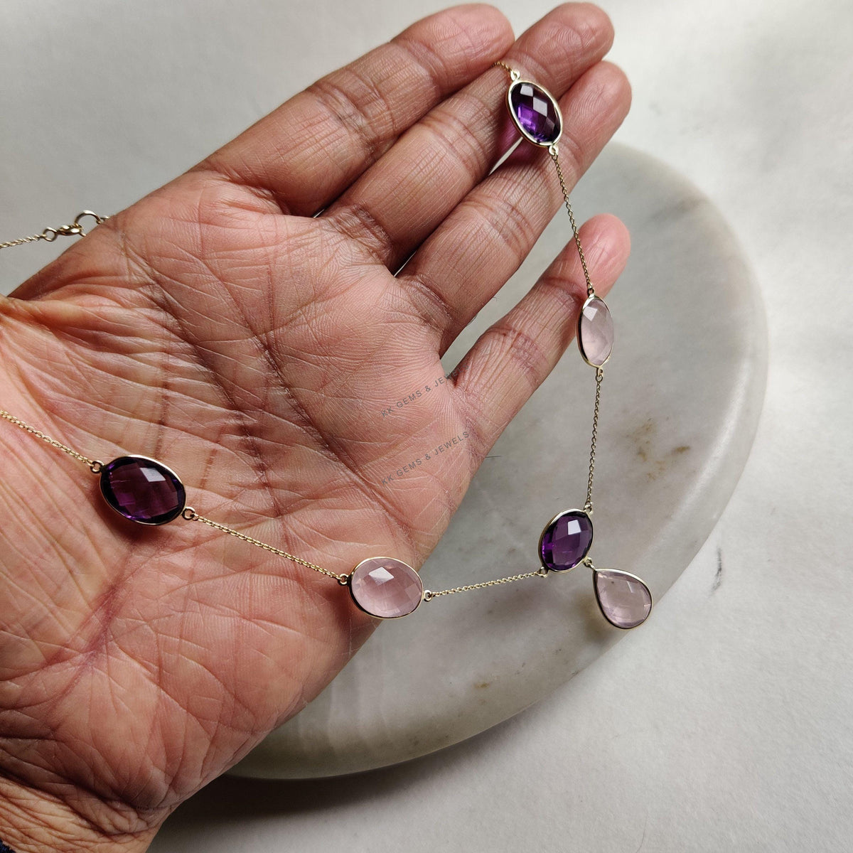 Natural Purple Amethyst & Rose Quartz 14K Solid Gold Necklace: Gemstone Bezel Pendant