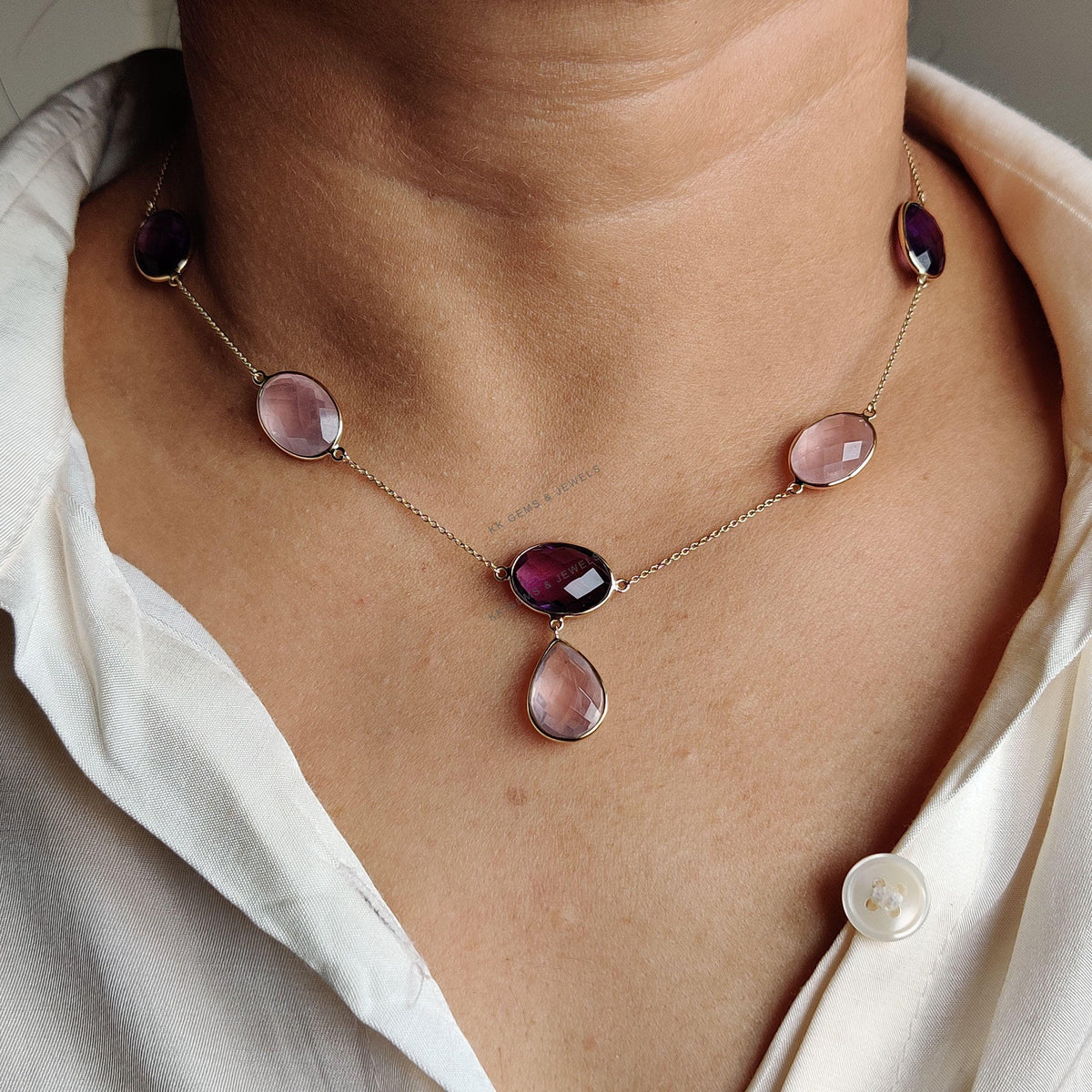 Natural Purple Amethyst & Rose Quartz 14K Solid Gold Necklace: Gemstone Bezel Pendant