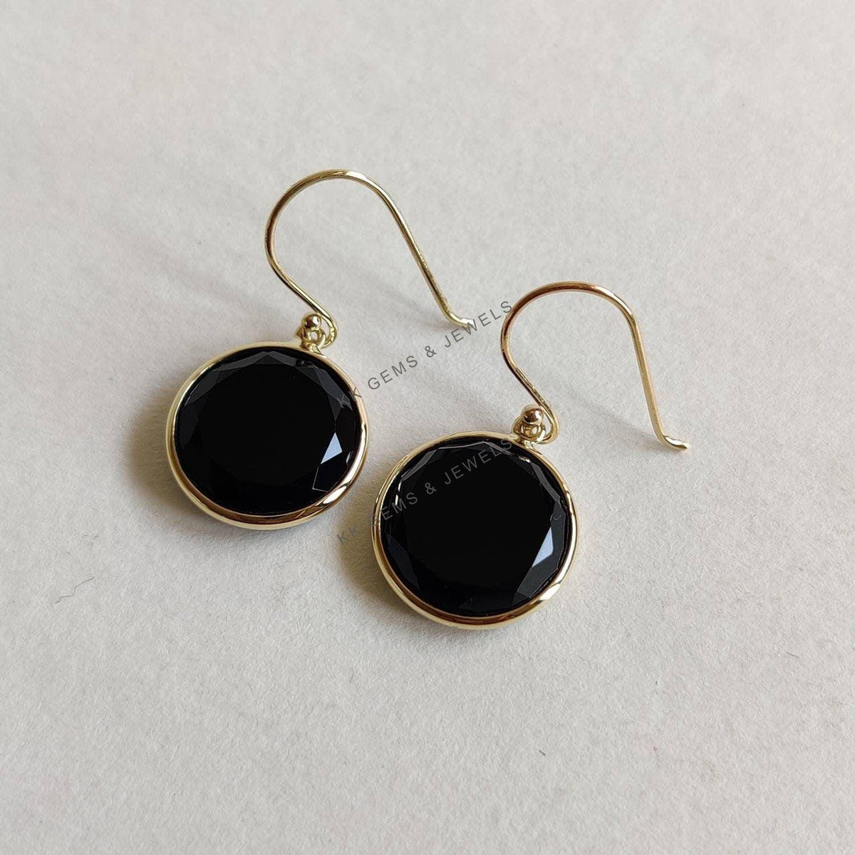 14K Solid Yellow Gold Natural Black Onyx Bezel Drop Earrings