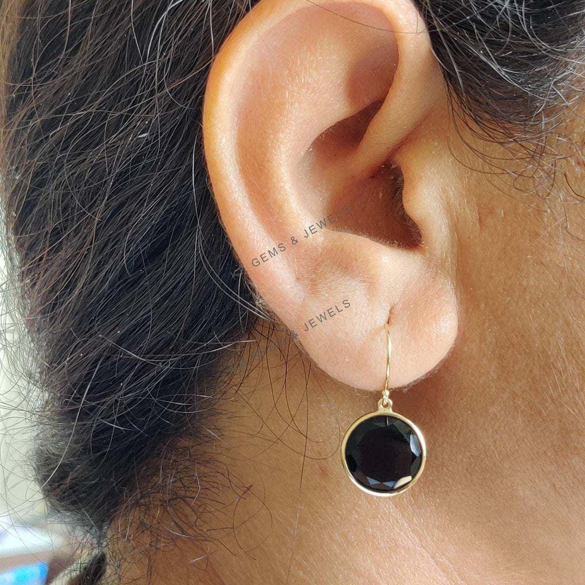 14K Solid Yellow Gold Natural Black Onyx Bezel Drop Earrings