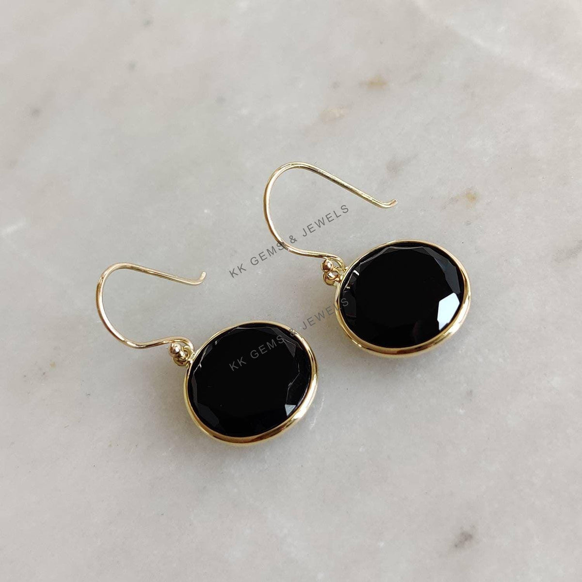 14K Solid Yellow Gold Natural Black Onyx Bezel Drop Earrings