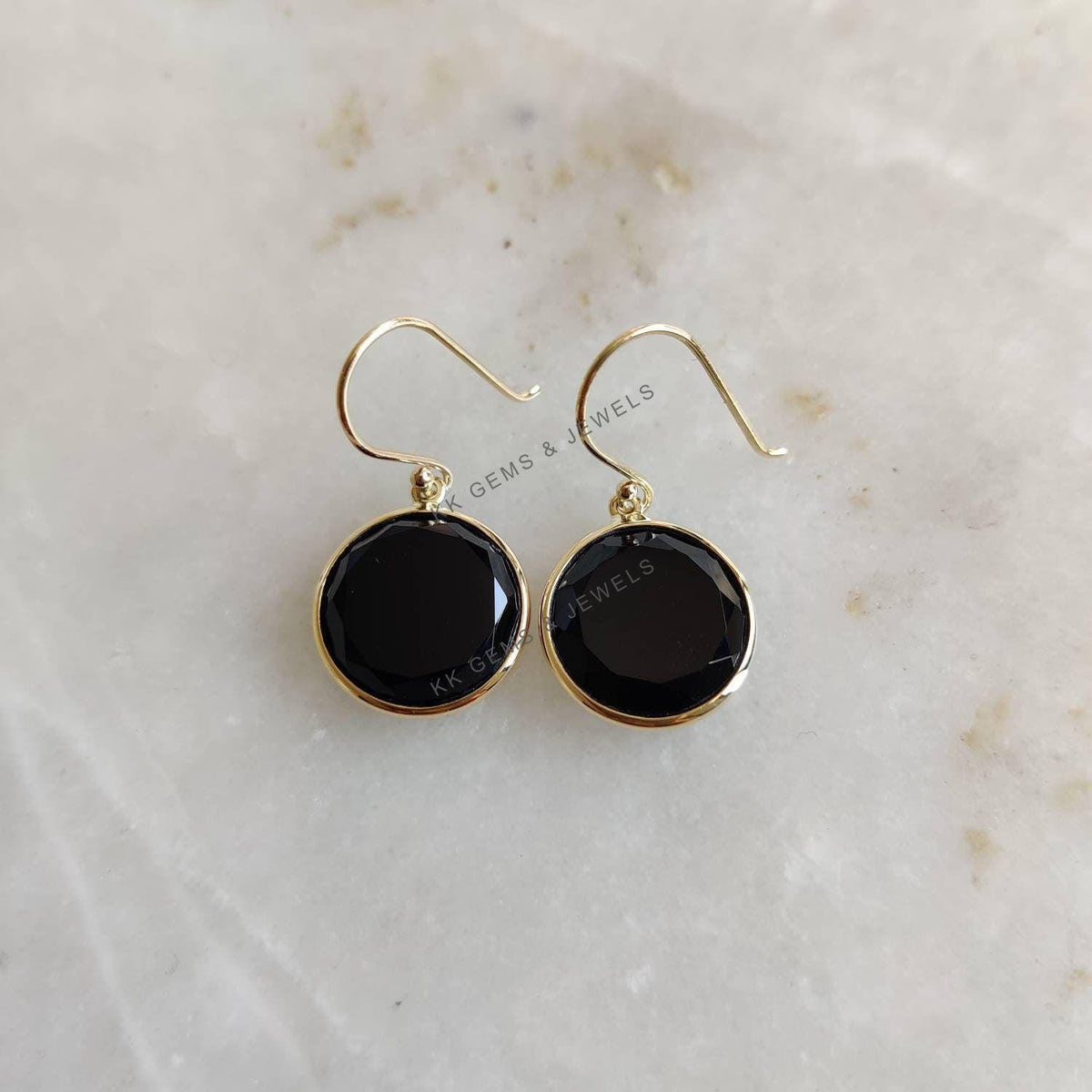 14K Solid Yellow Gold Natural Black Onyx Bezel Drop Earrings