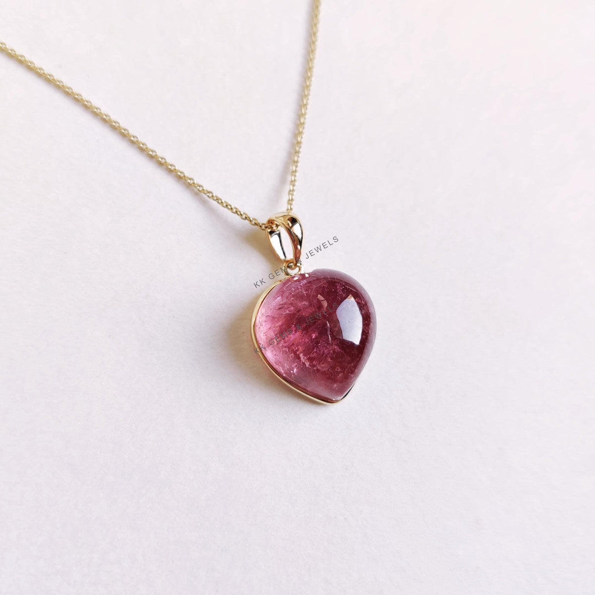 14K Solid Gold Natural Pink Tourmaline Heart Pendant, October Birthstone Valentine Gift