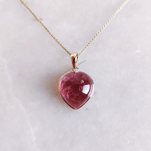 14K Solid Gold Natural Pink Tourmaline Heart Pendant, October Birthstone Valentine Gift