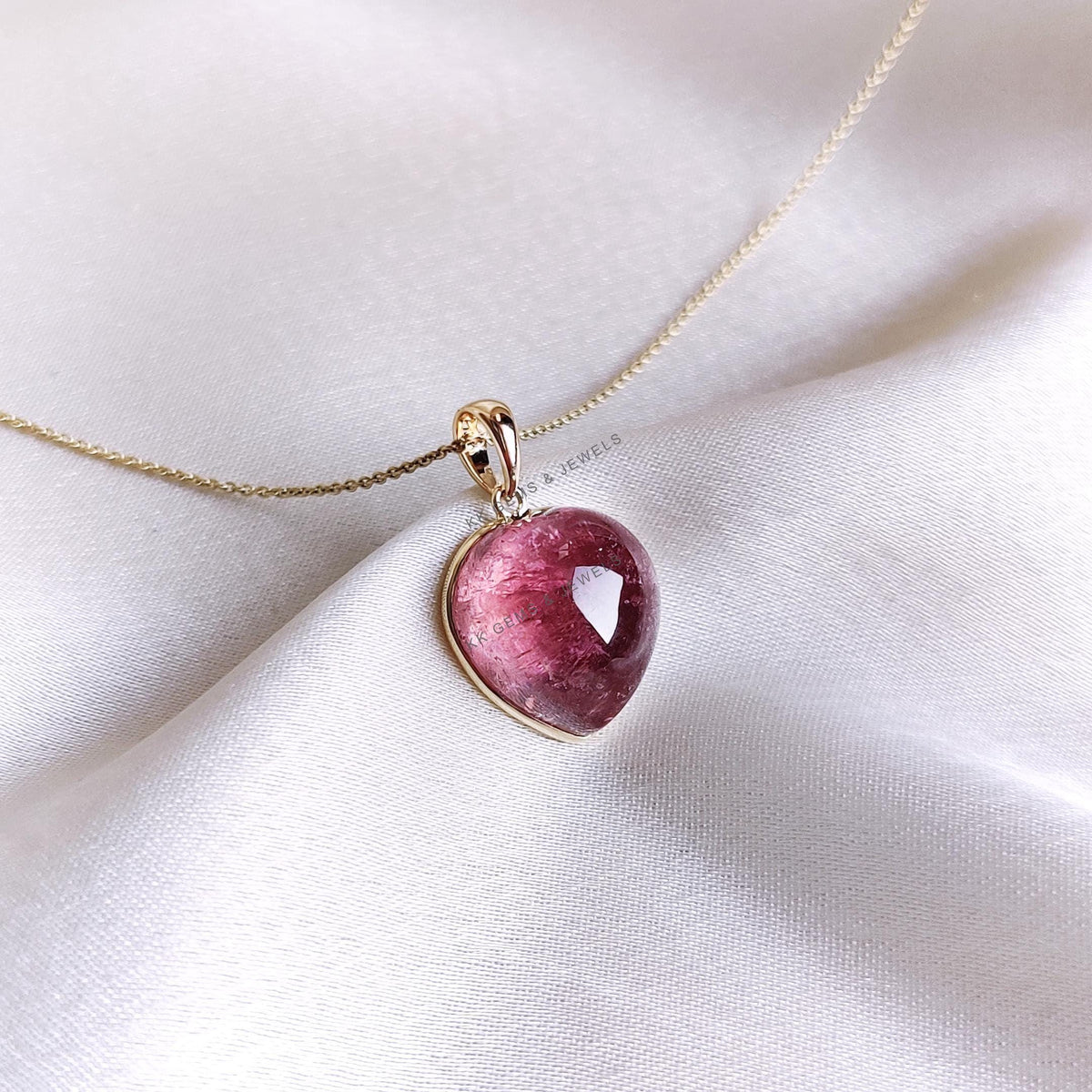 14K Solid Gold Natural Pink Tourmaline Heart Pendant, October Birthstone Valentine Gift