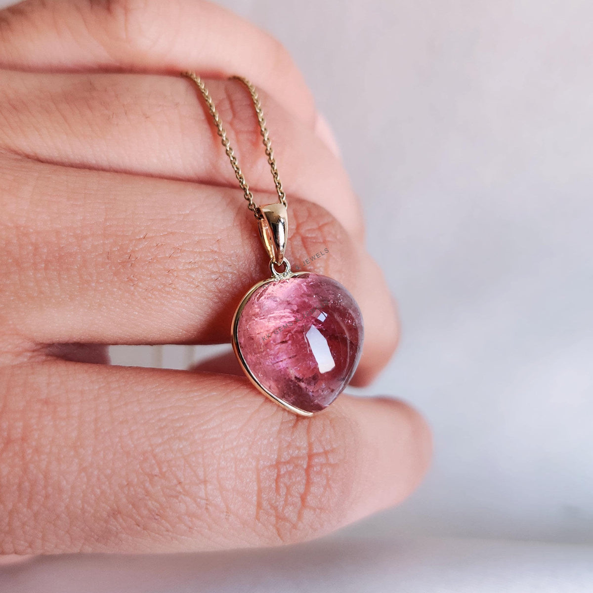14K Solid Gold Natural Pink Tourmaline Heart Pendant, October Birthstone Valentine Gift