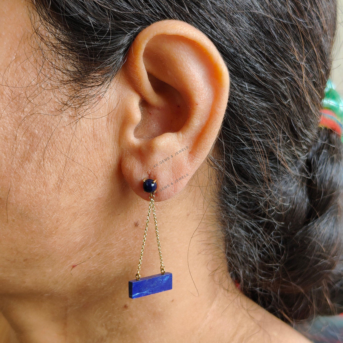 14K Solid Yellow Gold Natural Lapis Lazuli Dangle Earrings, September Birthstone