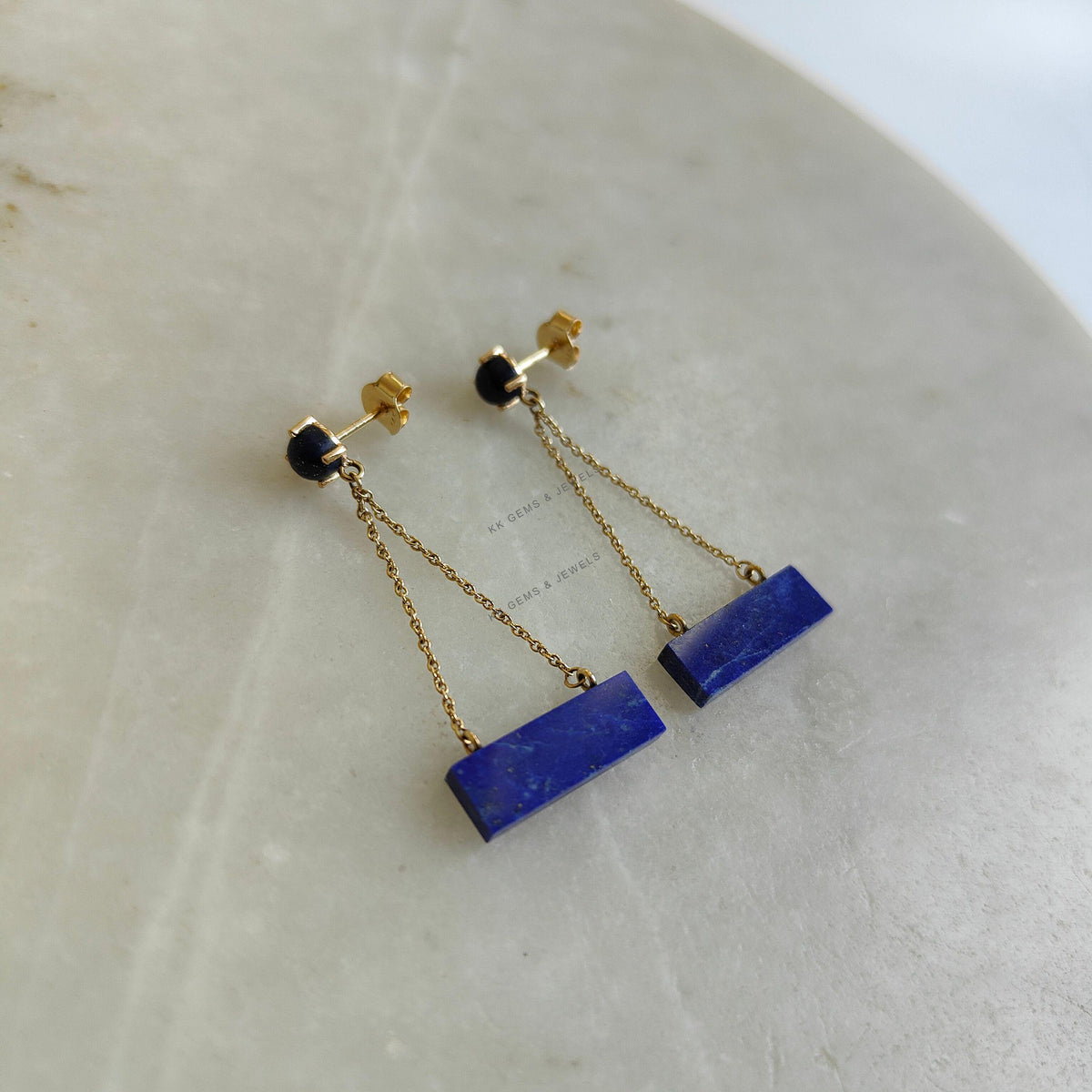 14K Solid Yellow Gold Natural Lapis Lazuli Dangle Earrings, September Birthstone