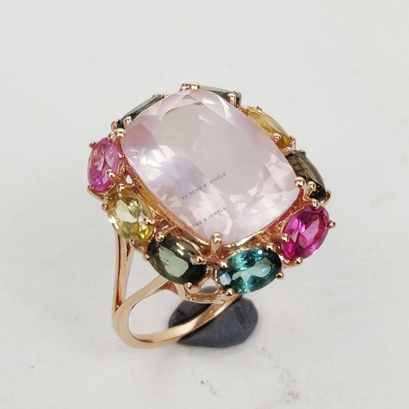 14K Solid Gold Natural Rose Quartz & Multi Tourmaline Cocktail Ring, January Birthstone