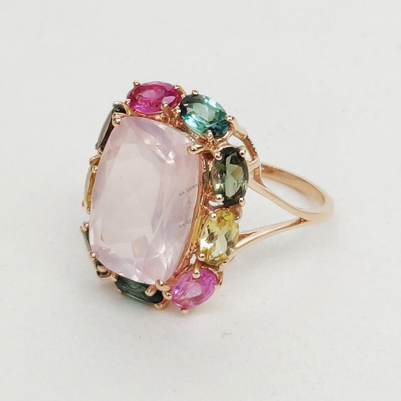 14K Solid Gold Natural Rose Quartz & Multi Tourmaline Cocktail Ring, January Birthstone