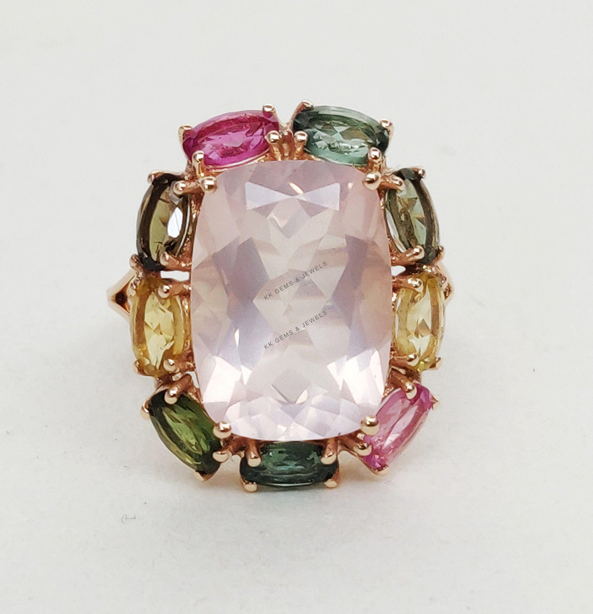 14K Solid Gold Natural Rose Quartz & Multi Tourmaline Cocktail Ring, January Birthstone