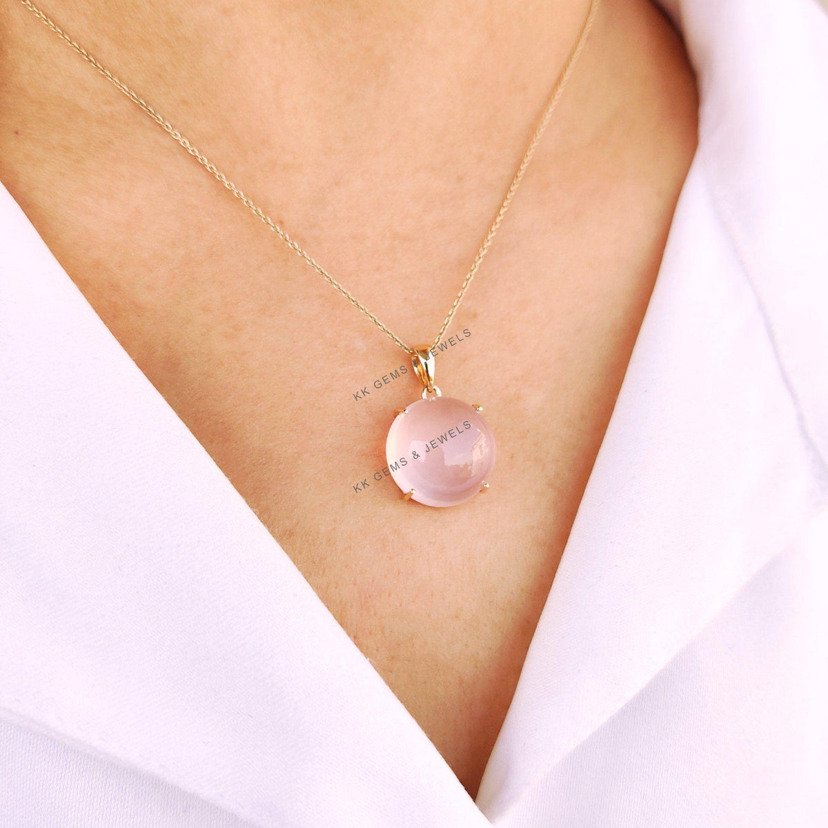 14K Solid Gold Natural Rose Quartz Pendant, Round Cabochon, January Birthstone