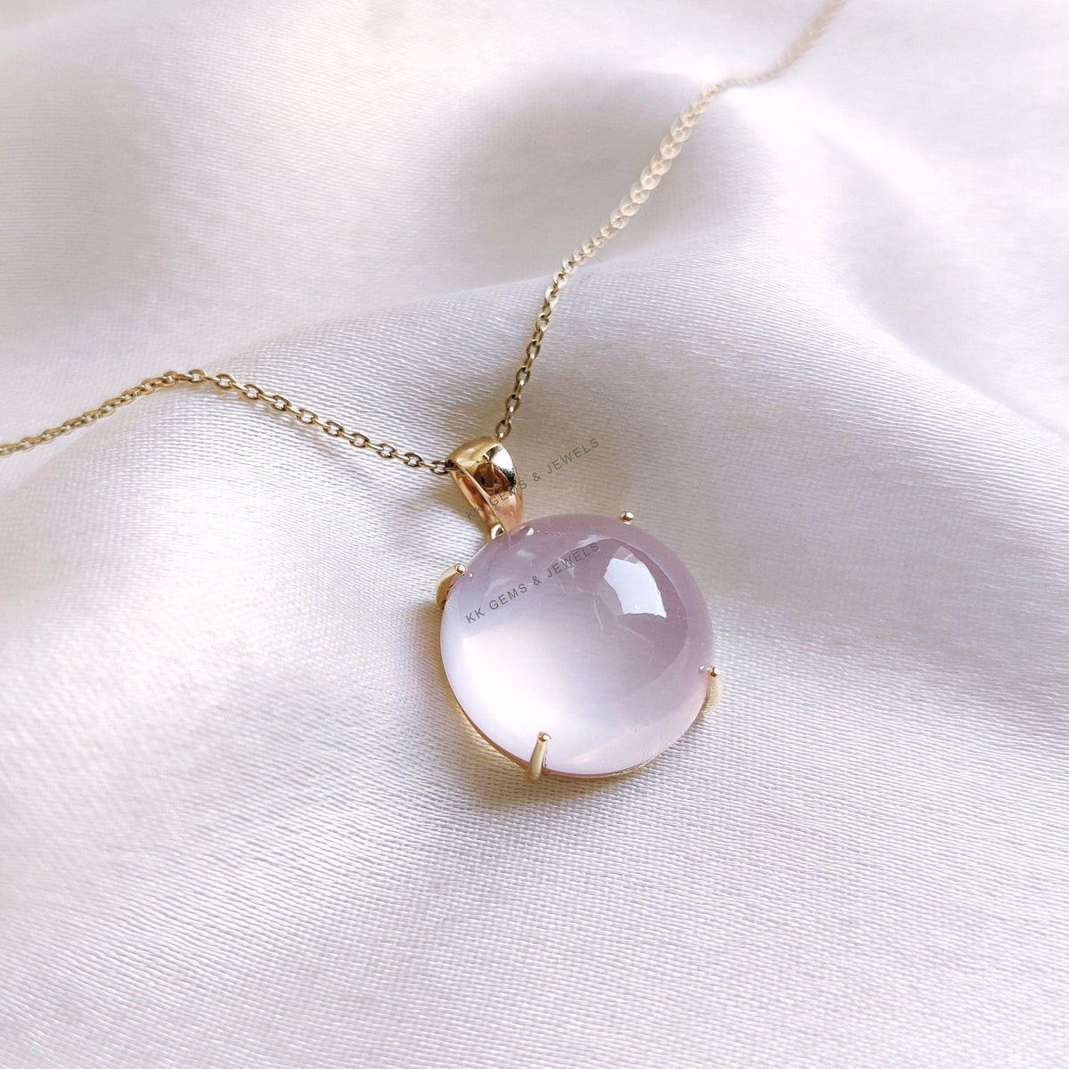 14K Solid Gold Natural Rose Quartz Pendant, Round Cabochon, January Birthstone