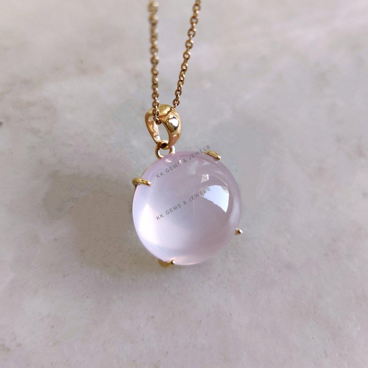 14K Solid Gold Natural Rose Quartz Pendant, Round Cabochon, January Birthstone