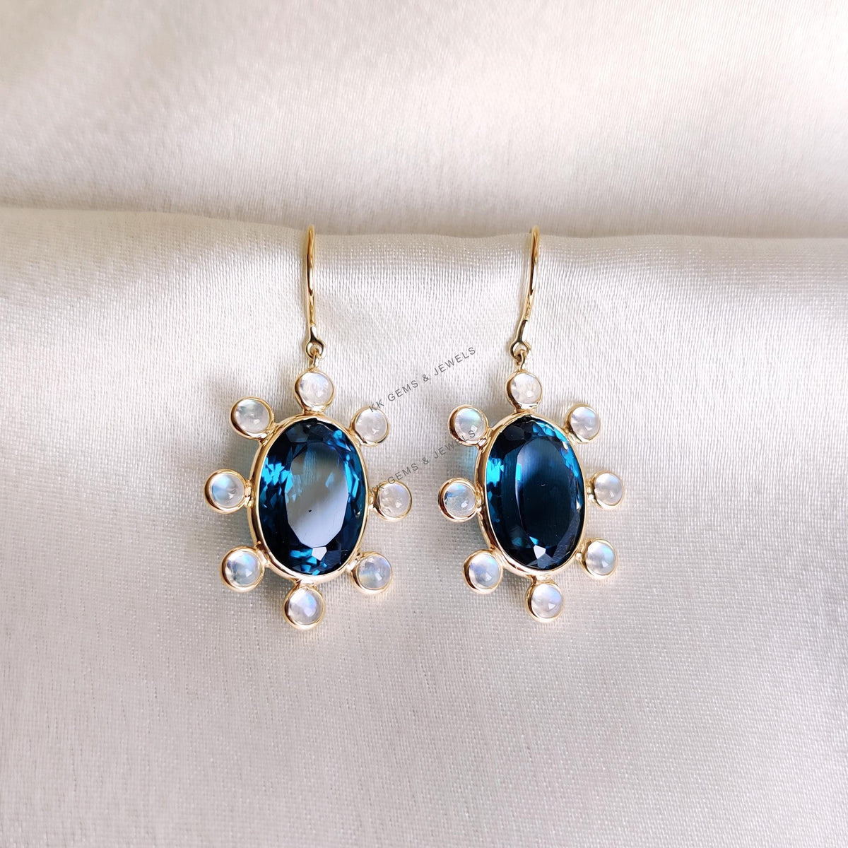 Natural London Blue Topaz & Rainbow Moonstone 14K Solid Yellow Gold Earrings