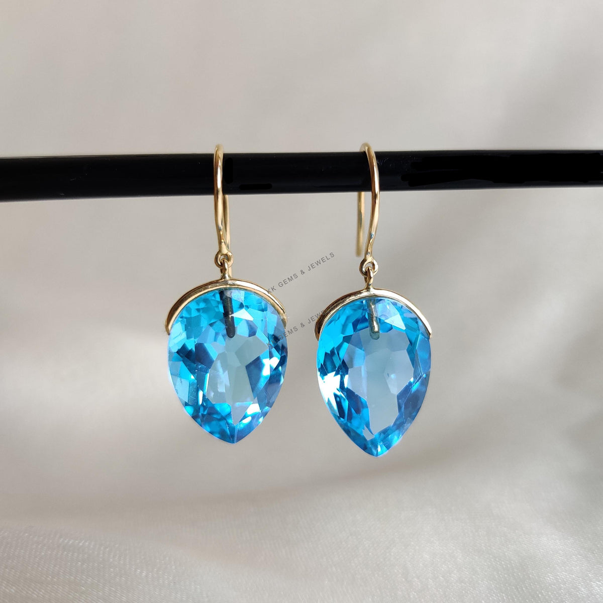 14K Solid Gold Natural Swiss Blue Topaz Earrings, Pear Cut Gemstone
