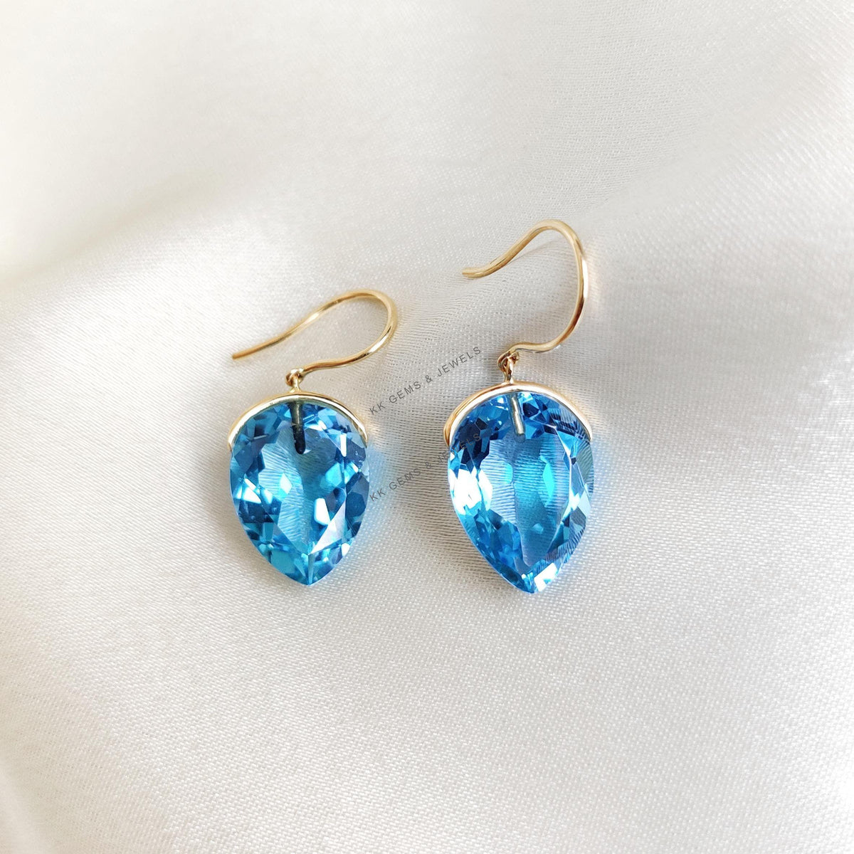 14K Solid Gold Natural Swiss Blue Topaz Earrings, Pear Cut Gemstone