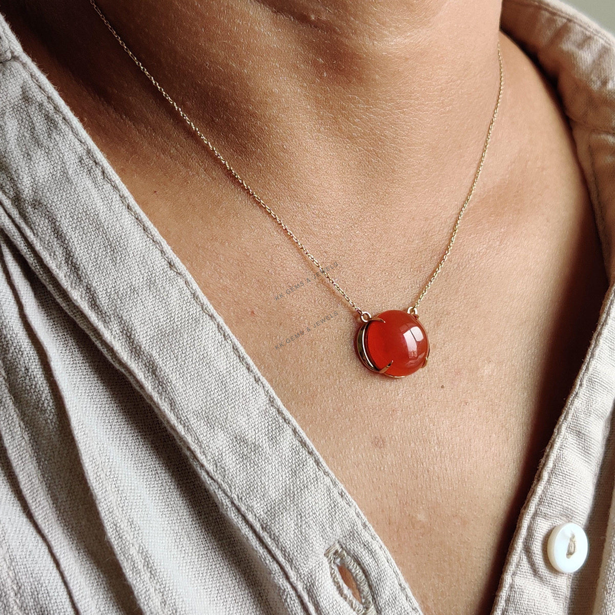 Natural Red Onyx 14K Solid Yellow Gold Pendant, Round Cabochon Necklace