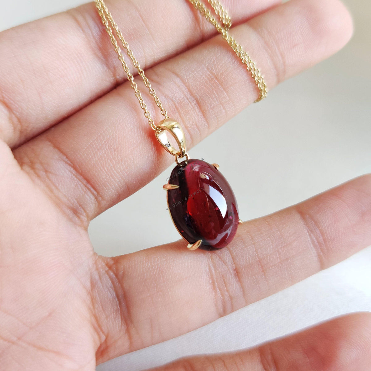 14K Solid Yellow Gold Oval Natural Garnet Pendant, January Birthstone