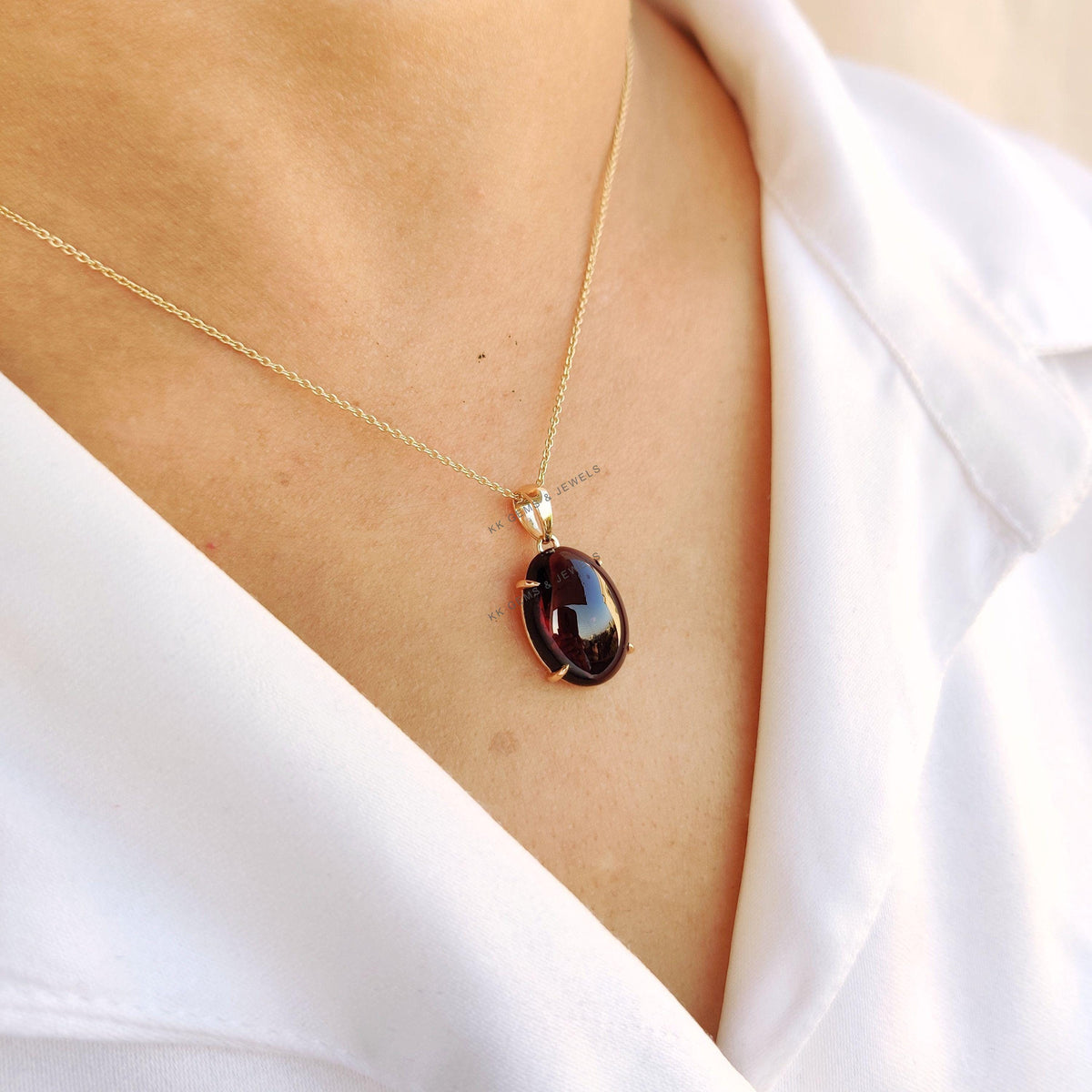 14K Solid Yellow Gold Oval Natural Garnet Pendant, January Birthstone