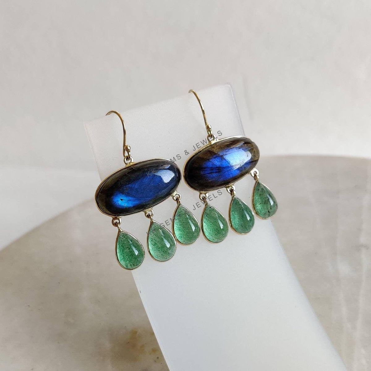 Natural Labradorite & Green Aventurine 14K Solid Gold Drop Earrings, Christmas Present