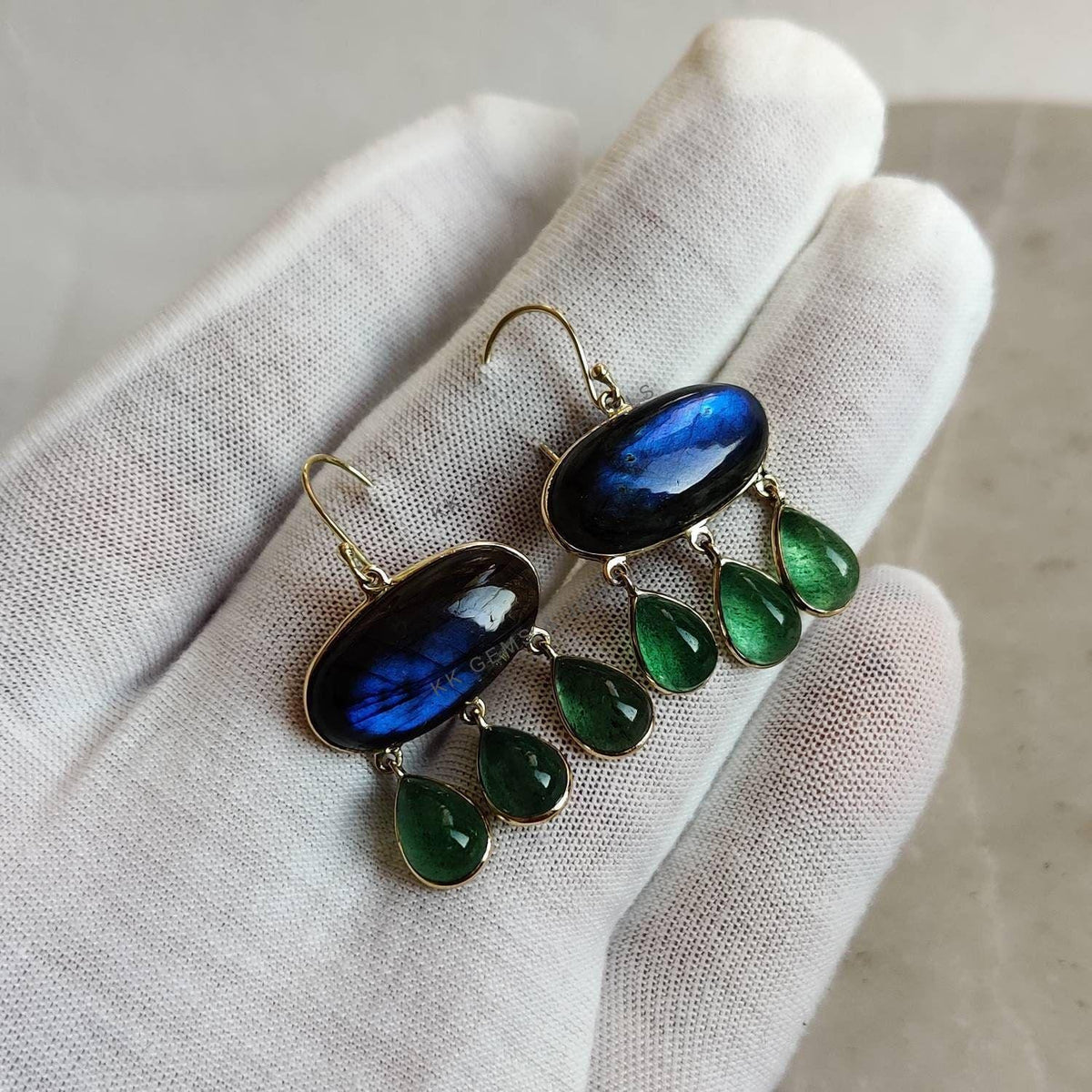 Natural Labradorite & Green Aventurine 14K Solid Gold Drop Earrings, Christmas Present