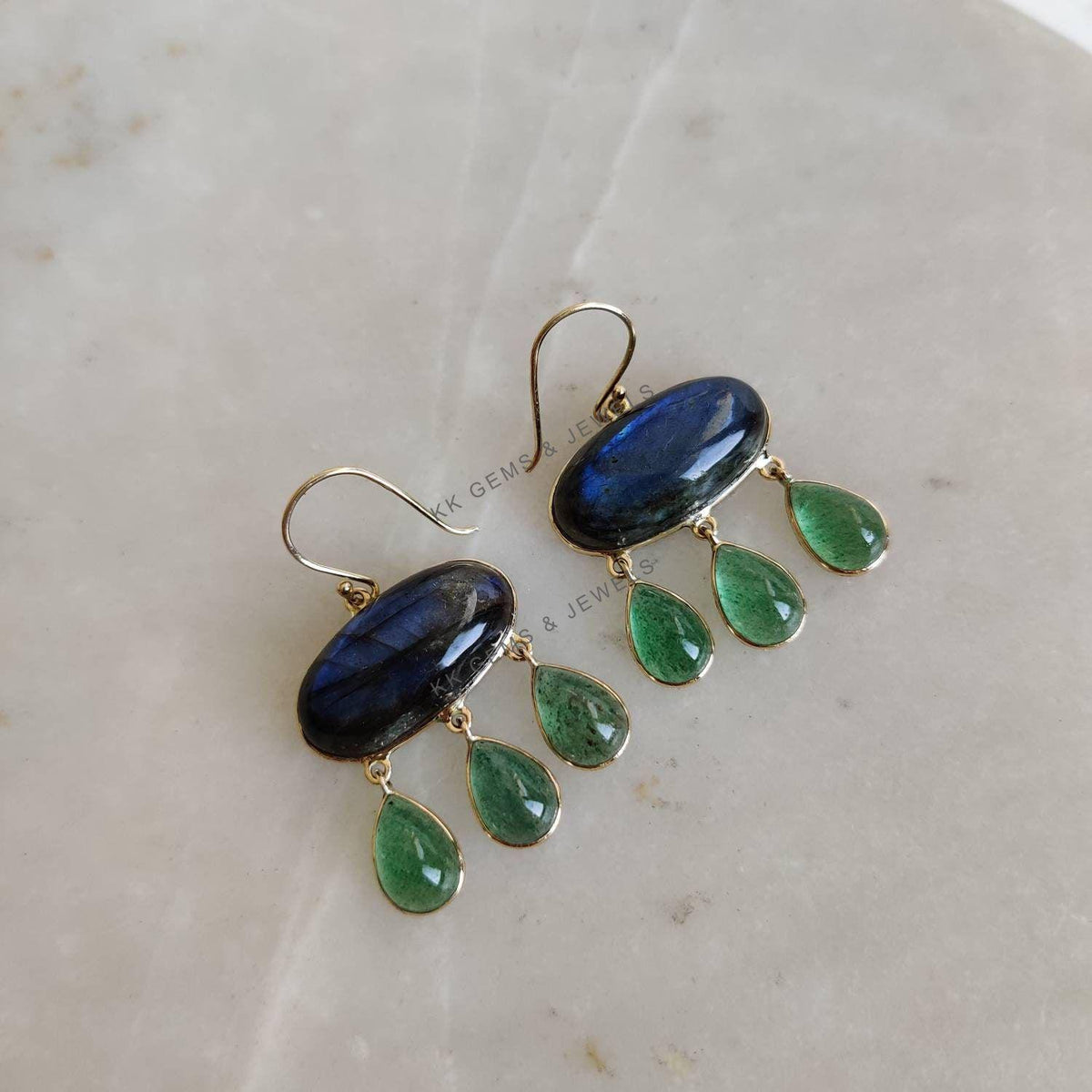 Natural Labradorite & Green Aventurine 14K Solid Gold Drop Earrings, Christmas Present