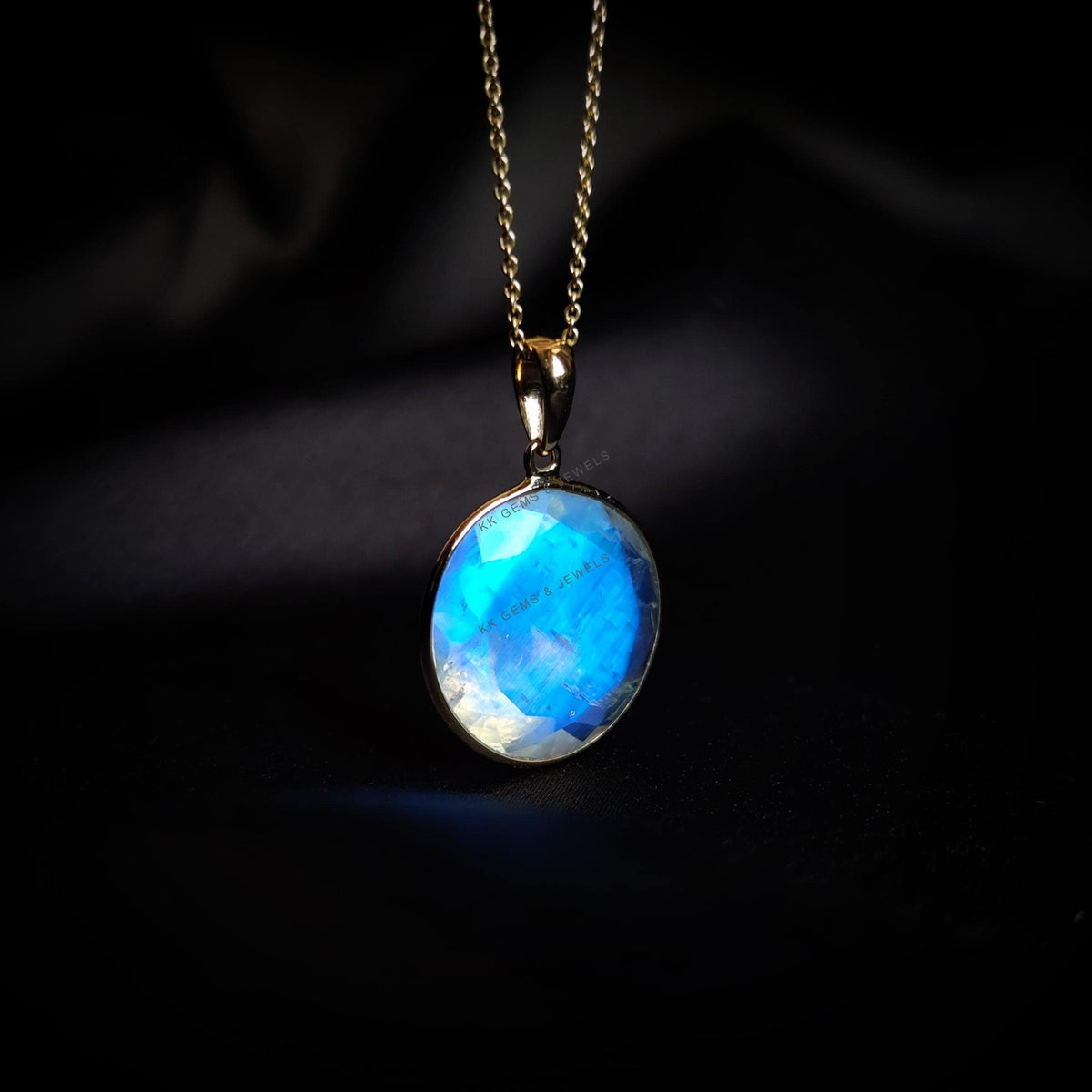 14K Solid Gold Natural Rainbow Moonstone Pendant, June Birthstone