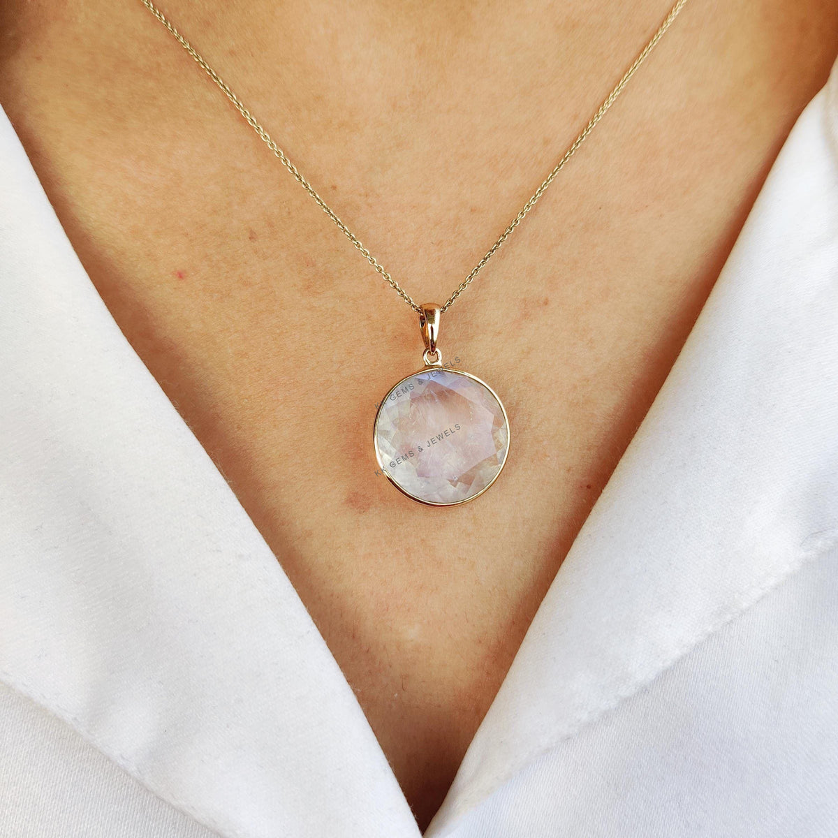 14K Solid Gold Natural Rainbow Moonstone Pendant, June Birthstone