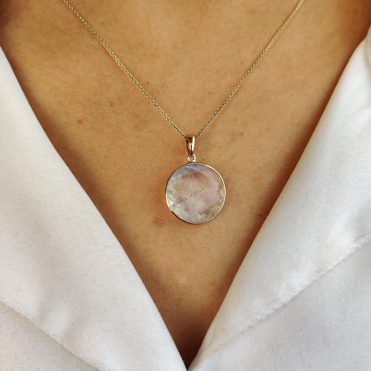 14K Solid Gold Natural Rainbow Moonstone Pendant, June Birthstone